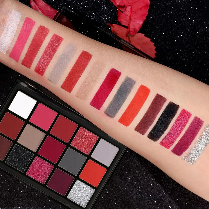 UCANBE Red Eyeshadow Makeup Palette, 15 Colors Burgunry Gray Silver Shimmer Matte Glitter for Halloween Christmas Vampire Clown