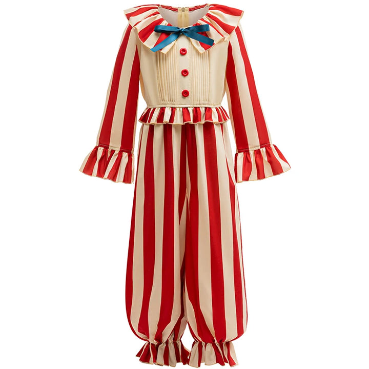 Halloween Funny Clown Cosplay Costume For Children Red Striped Jumpsuit Boys Girls Party Dresses Up Ruffle Girl Clothes Outfits
