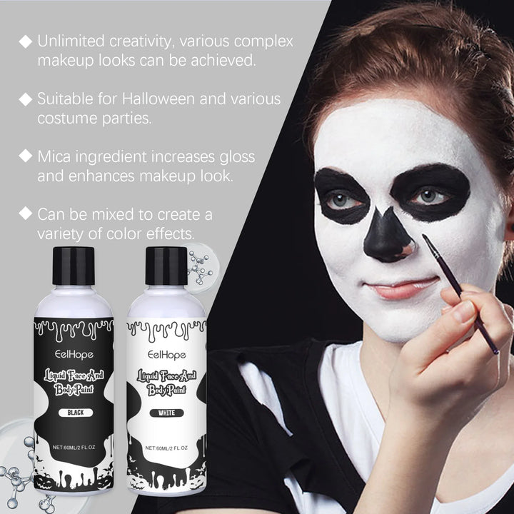 Halloween Party Liquid Face and Body Paint Black White High Coverage Long Lasting Color Vampire Makeup DIY for Paint Party 120ml