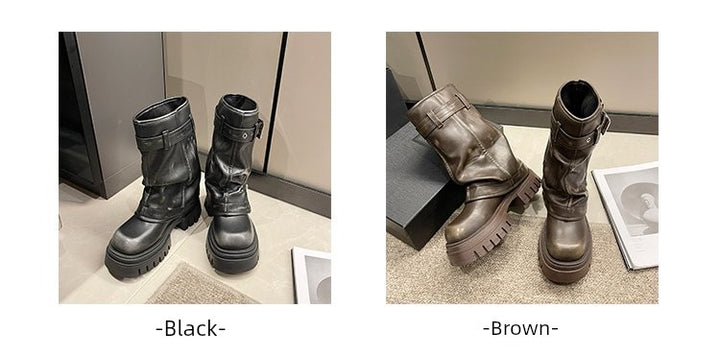 European Goods Fashion Square Toe Maillard Western Denim Sexy Style Platform Martin Boots Motorcycle Boots Pile Style Boots Women's Shoes