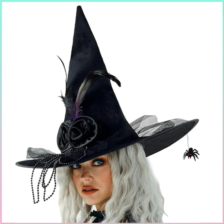 Halloween women black witch hat wizard grey hat role play Sorting Hat pointed cap with spider