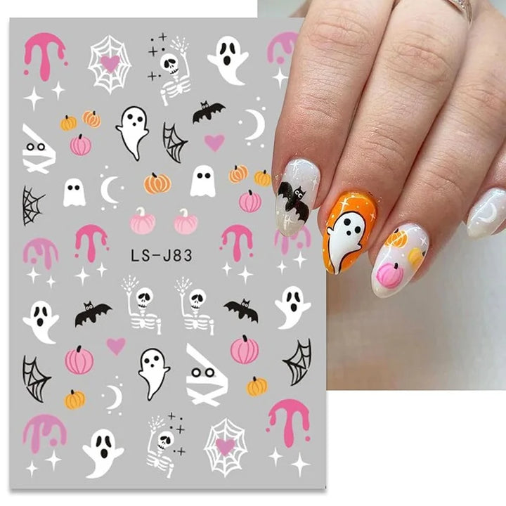 Halloween Nail Art Stickers Cute Halloween Nail Decals Self-Adhesive Ghost Pumpkin Bat Cat Skull Holiday Designs Nail Supplies
