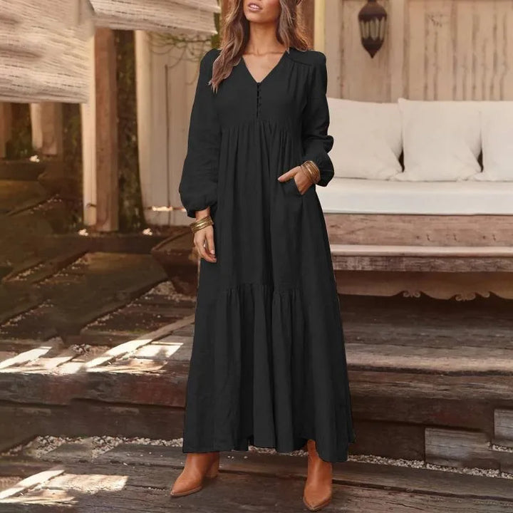 Cotton Linen Women Long Dress.New Look Fashion V-Neck Casual Solid Long Sleeve A-Line Sexy  Elegant Ruffles