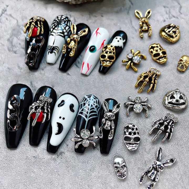 Halloween Alloy Nail Art Charms 3D Ghost Skull Pumpkin Golden Silver Classic Nails Jewelry Ornaments DIY Manicure Accessories