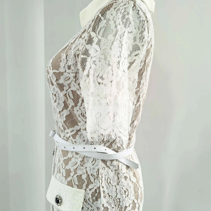 Luxury Crystal White Lace Embroidery Pencil Dress Elegant Short Sleeve Single Breasted Midi Dress.