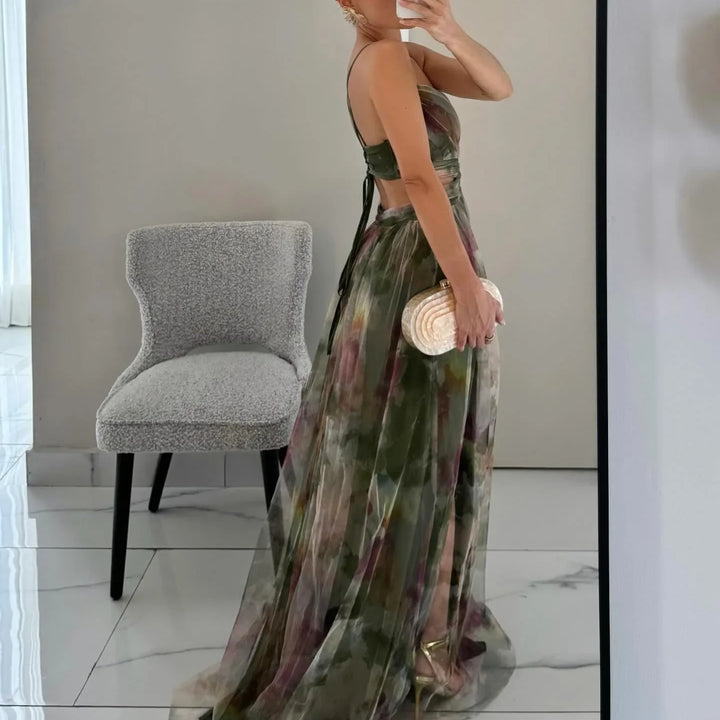 Out Party Dress, Loungewear Fashion Printing Maxi Dress, Sleeveless Lace-Up