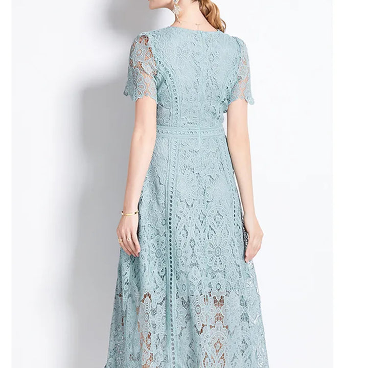 JAMERARY Vintage Holiday Lace Hollow Out Prom Dress For Women's Slim Elegant Short Sleeve Long Dress Female Clothing