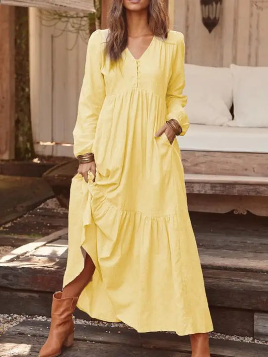 Cotton Linen Women Long Dress.New Look Fashion V-Neck Casual Solid Long Sleeve A-Line Sexy  Elegant Ruffles