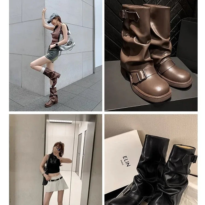 Pleated Buckle Knight Boots for Women Autumn Brown PU Leather Mid Calf Boots Woman Slip-On Thick Heel Riding Botas Mujer 2024