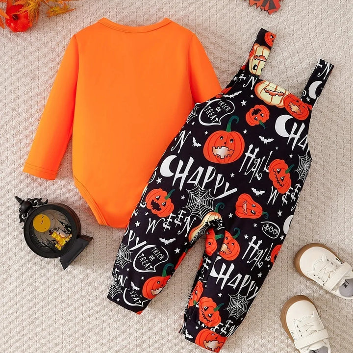 Baby Boy&Girl Halloween Costume Sets Long Sleeve Pumpkin Pattern Romper+Graffiti Strappy Pants 2PCS Holiday Clothes for 0-2Years
