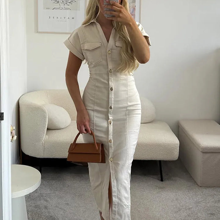 V-neck Denim Dress Fashion Slim Long Dress Chic Short Sleeves Single Button High.