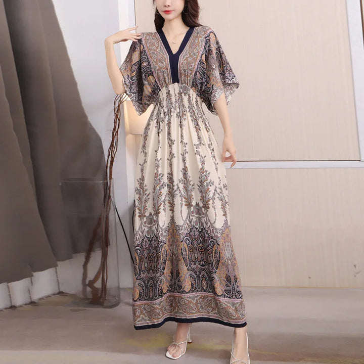 V-neck Large Skirt Hem Casual Sweet Long Dress Bat Sleeves Elastic Waist Bohemian Print Floral Elegant .