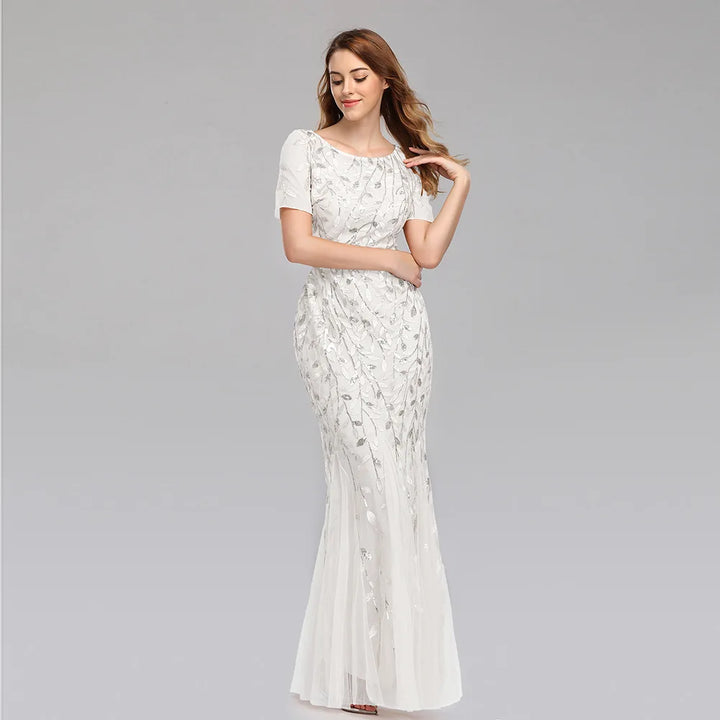 Gorgeous Round Neck Short Sleeves Sequined Mermaid Evening Dress