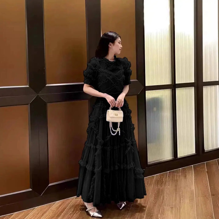Quality Vintage Layers Ruffle Cake tulle Long Dress Women Blue Dots Elegant Party Evening Vestidos
