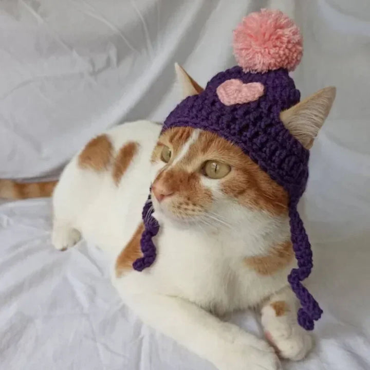 Cute Crochet Pet Hat with Wool Ball - Soft Yarn Cat Dog Costume, Birthday Photo Prop, Warm Winter Hat for Puppy Kitten