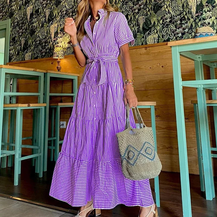 New Fashion Stripe Printed Short Sleeve Loose Waist Strap Long Collar Ankle Single Breasted Dress