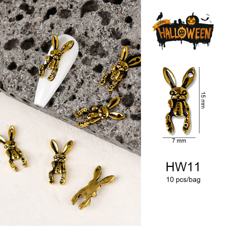 Halloween Alloy Nail Art Charms 3D Ghost Skull Pumpkin Golden Silver Classic Nails Jewelry Ornaments DIY Manicure Accessories