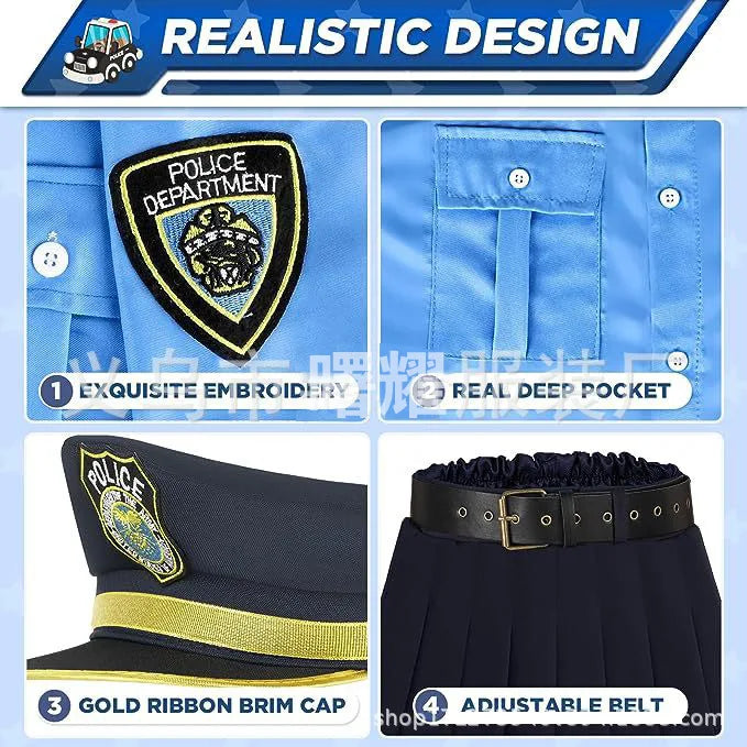 Halloween Kids Police Officer Uniform Costumes Cosplay Girl's Blue Police Dresses Costume for Christmas Party