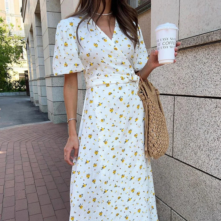 Bornladie Women Printed Lace Up D Short Sleeve Fashion Office Lady Long Dress 100% Cotton Daily Casual V-neck