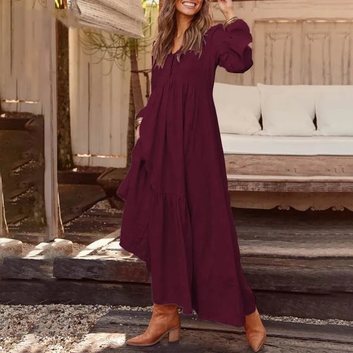 Cotton Linen Women Long Dress.New Look Fashion V-Neck Casual Solid Long Sleeve A-Line Sexy  Elegant Ruffles
