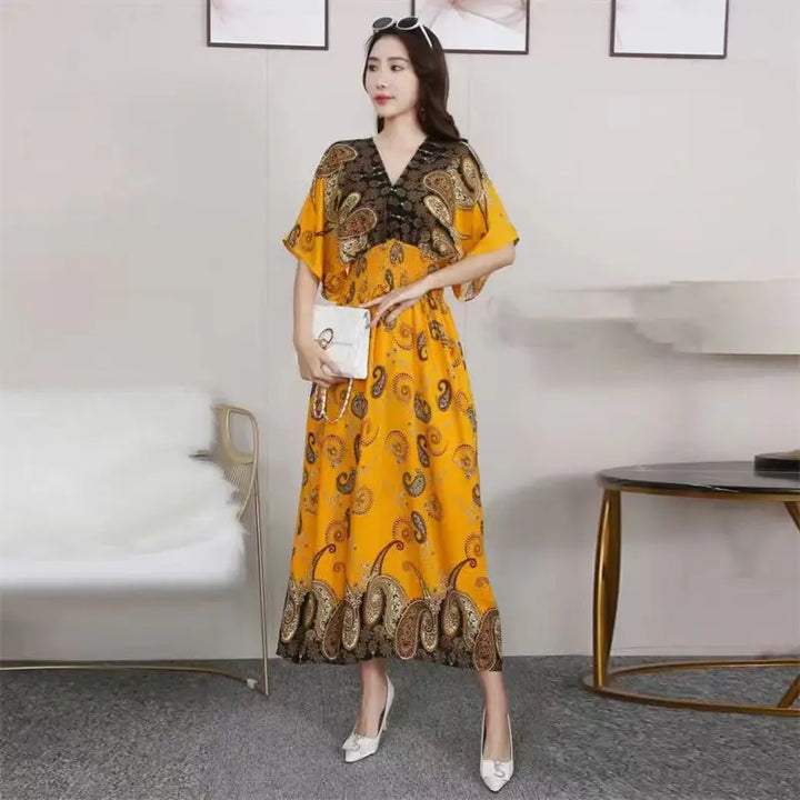 V-neck Large Skirt Hem Casual Sweet Long Dress Bat Sleeves Elastic Waist Bohemian Print Floral Elegant .