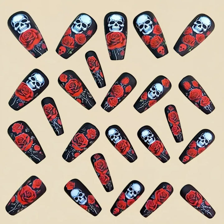 24 Halloween Nail Art Medium-Length Ballet Nails Press Ons with Design Red Rose Skullpcs False Nails for Girls Paste Nails 2025