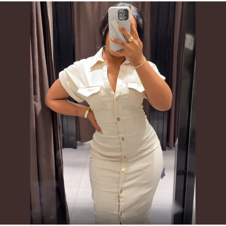 V-neck Denim Dress Fashion Slim Long Dress Chic Short Sleeves Single Button High.