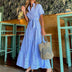 New Fashion Stripe Printed Short Sleeve Loose Waist Strap Long Collar Ankle Single Breasted Dress