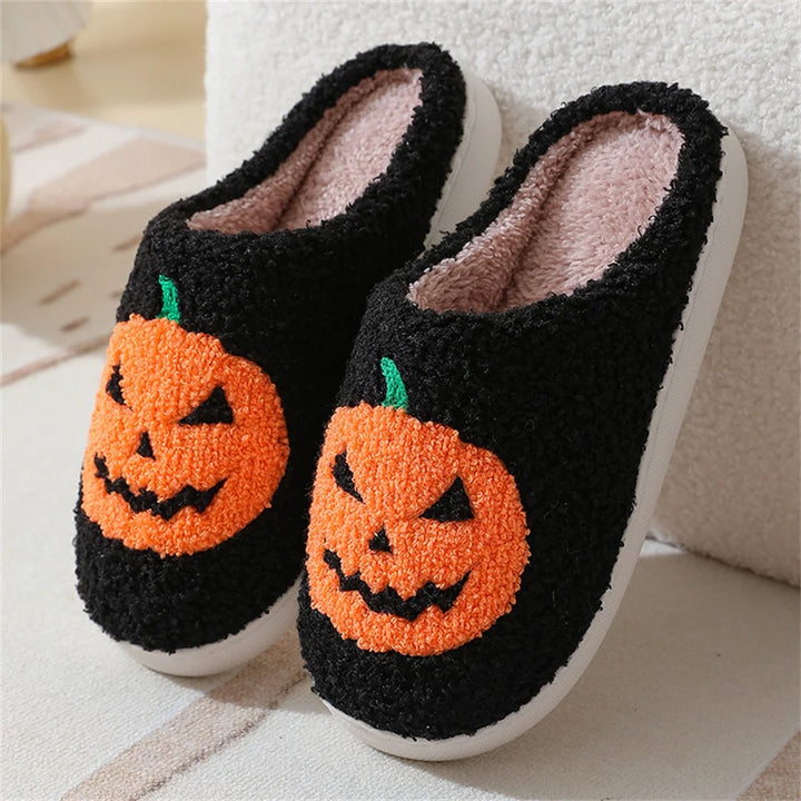 Halloween Cotton Slippers For Women Pumpkin Ghost Bat Soft Plush Non-Slip Shoes For Home Party And Winter