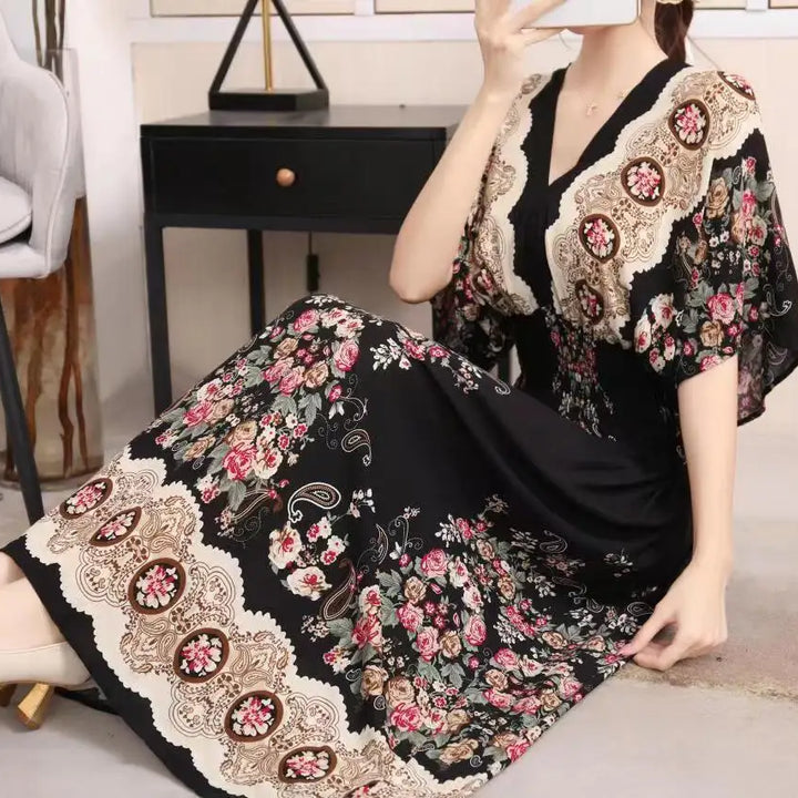 V-neck Large Skirt Hem Casual Sweet Long Dress Bat Sleeves Elastic Waist Bohemian Print Floral Elegant .