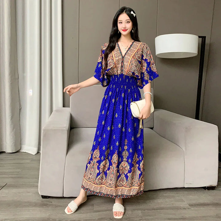 V-neck Large Skirt Hem Casual Sweet Long Dress Bat Sleeves Elastic Waist Bohemian Print Floral Elegant .