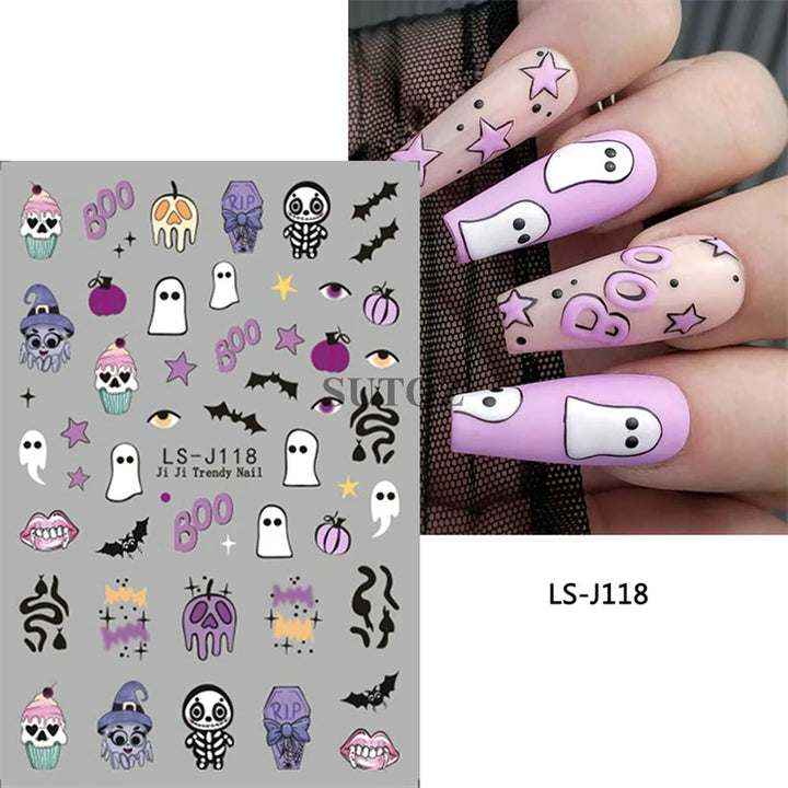 Halloween Nail Art Stickers Pumpkin Skull Cartoon Sticker For Women and Girls Press On Nails Decals Holloween Nail Art Supplies