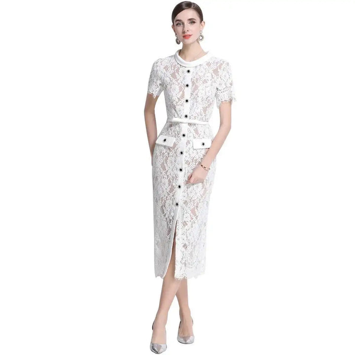 Luxury Crystal White Lace Embroidery Pencil Dress Elegant Short Sleeve Single Breasted Midi Dress.