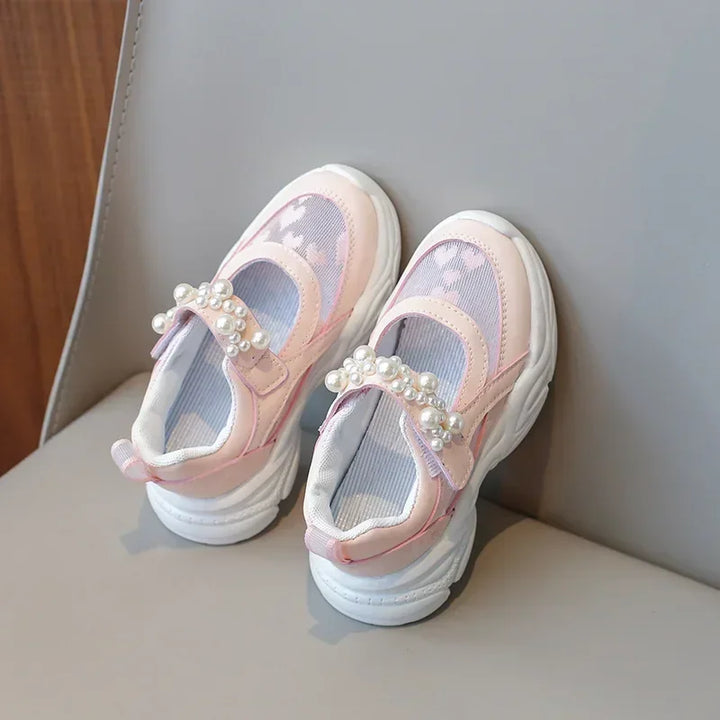Children's Sneakers New Mesh Sports Shoes Spring Autumn Girls Fashion Shallow Breathable Pearl Tennis Kids Causal Flats