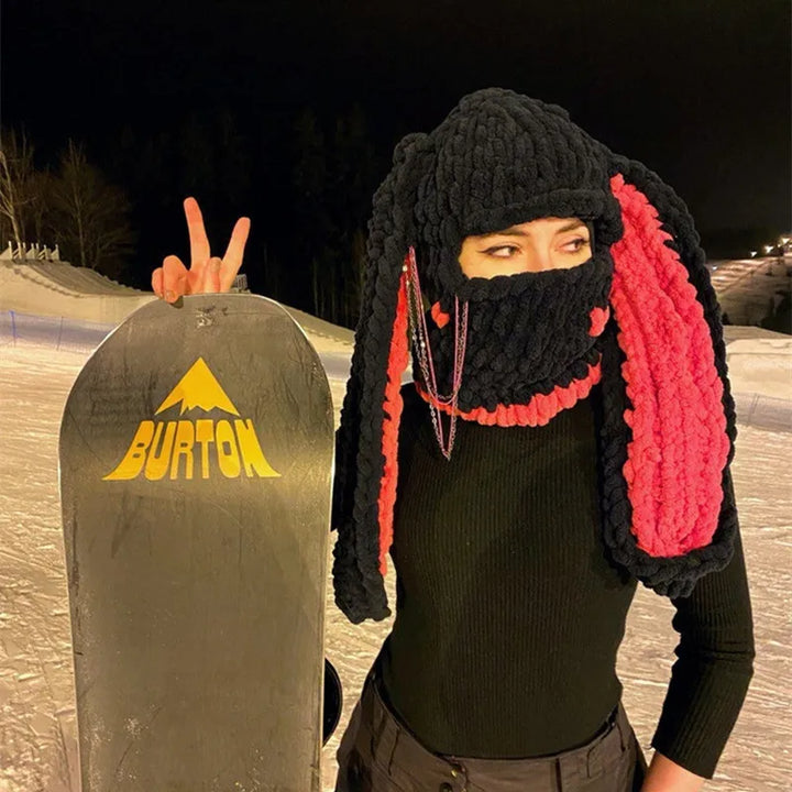 Halloween Funny Rabbit Ears Creative Knitted Hat Beanies Warm Full Face Cover Ski Mask Hat Windproof Balaclava Hat Outdoor Sport