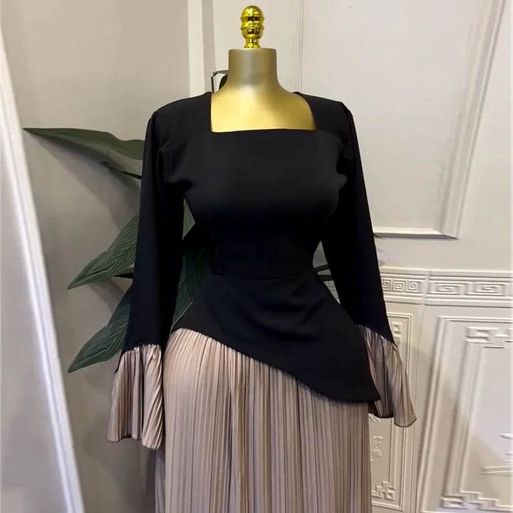 Women Patchwork Flare Long Sleeve U-collar Pleated Big Swing Maxi Long Dress perfect for special occasions.