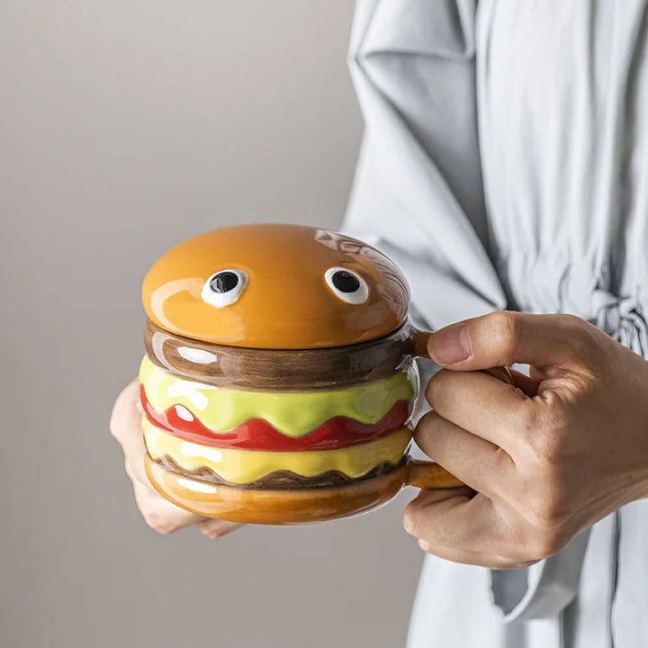 300ML Coffee Mugs Creative Hamburger Shaped Water Cup with Lid Cute and Cute Breakfast Cup Large Capacity Ceramic Hamburger Mug