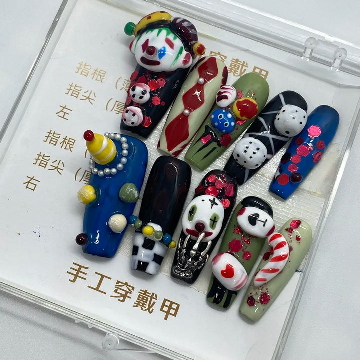 High-Quality Handmade 3D Art Press On Nails Halloween Theme Horror Clown Coffin Shape Spicy Girl Style Detachable Wear Fake Nail