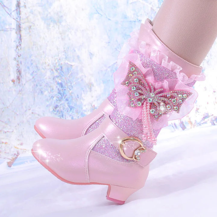 2025 Girls High Heel Boots Children's Sequins Rhindiamonds Butterfly-knot Princess Boots with Velvet Warm Mid-tube Kids Boots