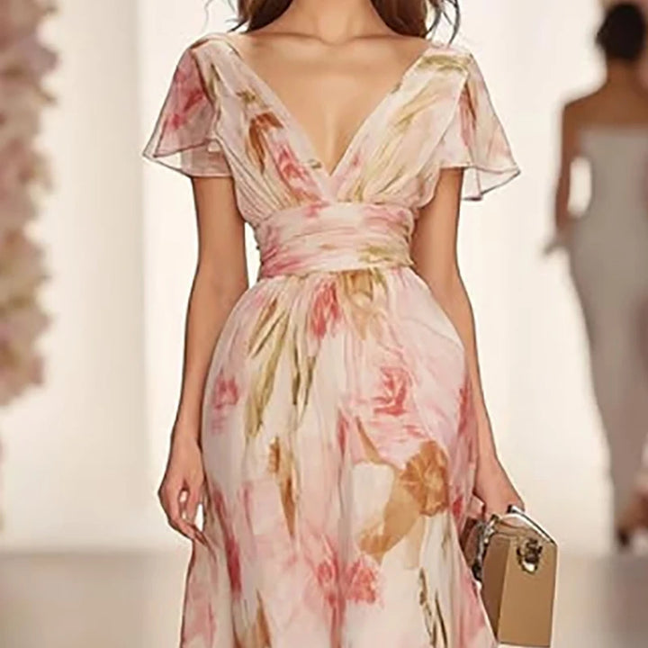 Boho Style Elegant Floral Print Long Dress V Neck High Waist  Short Sleeve Zip Maxi Dress