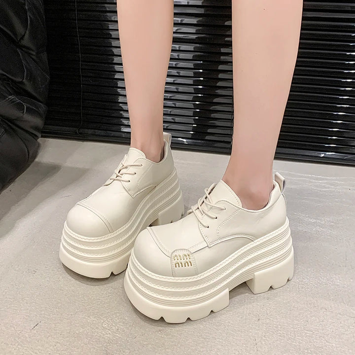 Women's Leather Sneakers New High Platform Lace-up Casual Shoes Thick Sole 10CM Heels Walking Shoes Zapatos Mujer