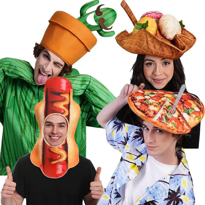 Zawaland Halloween Cosplay Hats Funny Wacky Hot Dog Pizza Caps Halloween Party Costume Accessories Adult Cactus Plants Hats