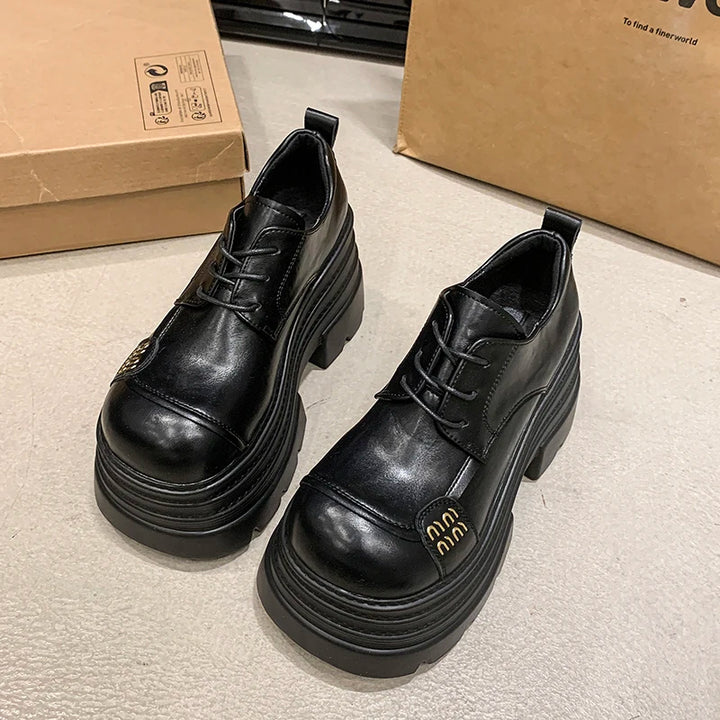 Women's Leather Sneakers New High Platform Lace-up Casual Shoes Thick Sole 10CM Heels Walking Shoes Zapatos Mujer
