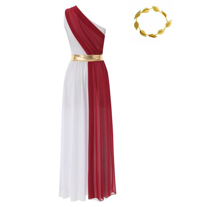 Women Halloween Ancient Greek Dress Ancient Greek Toga Costumes Robe One Shoulder Chiffon Overlay Tunic Dress with Headwear