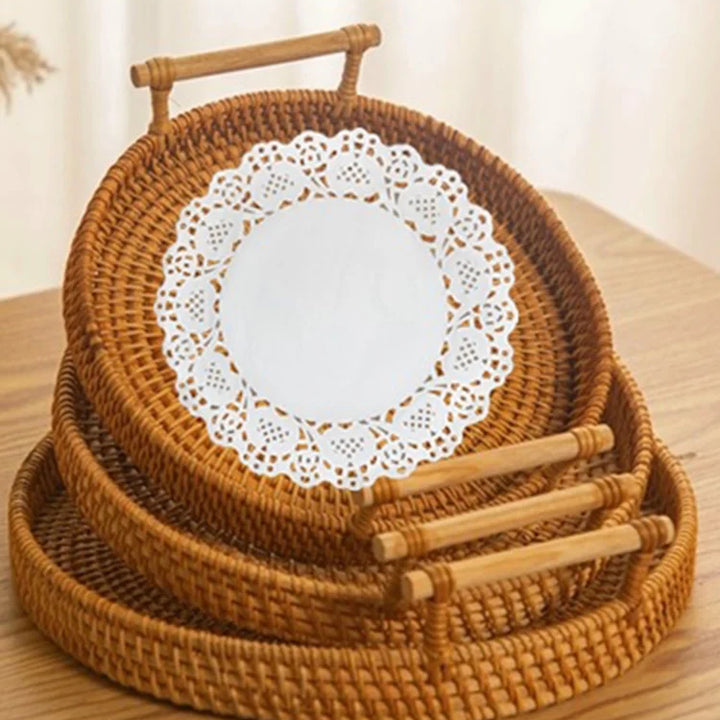 1PC Woven Rattan Storage Basket with Strap Handle round Tray for Bread Snacks Fruits Picnic - Home Organization Basket