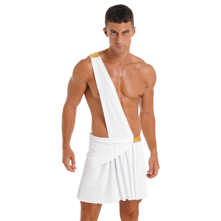 Halloween Ancient Greek Warrior Cosplay Costume Mens One Shoulder Strap Contrast Color Ruffle Skirt Carnival Theme Party Wear