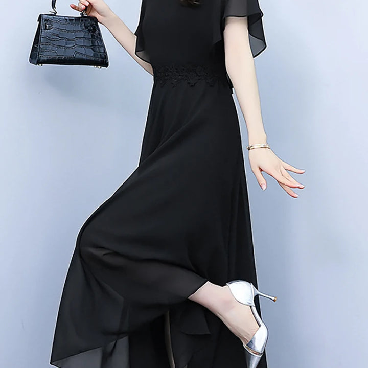 Long Elegant Dress White Chiffon /Black Butterfly Sleeve  Women Bodycon Chic Prom Night Dress