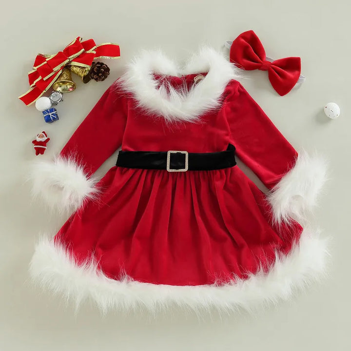 Christmas Baby Girl Clothes Party Dresses Long Sleeve O Neck Plush Patchwork A-line Dress with Belt and Headband Baby Clothing