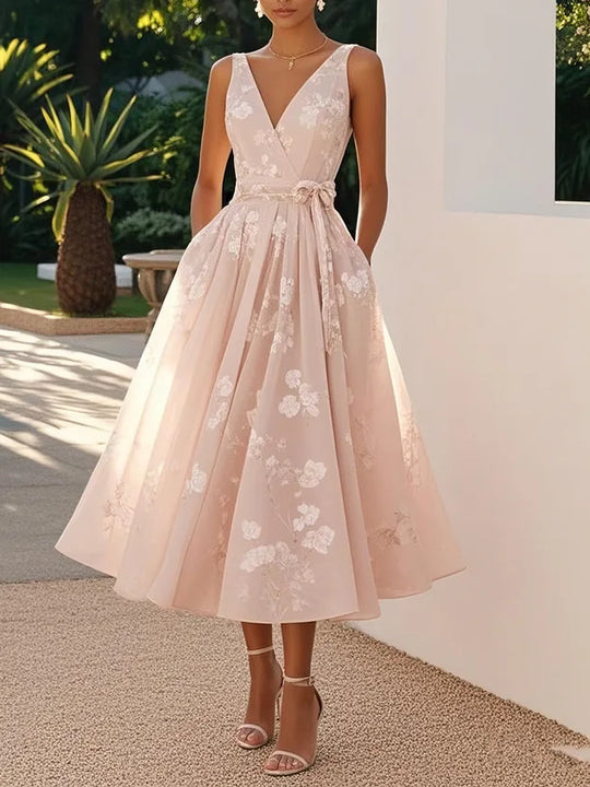 Stylish  Printed Dress Elegant V-neck Mesh Sleeveless Waist Cinched Bow Long and Formal Dress.