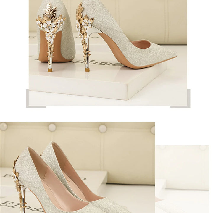 Light Luxury Sexy Women Dress Shoes 2025 Autumn Metal Flower Fashion High Heel Wedding White Pointed Sequins Shiny Female Pumps